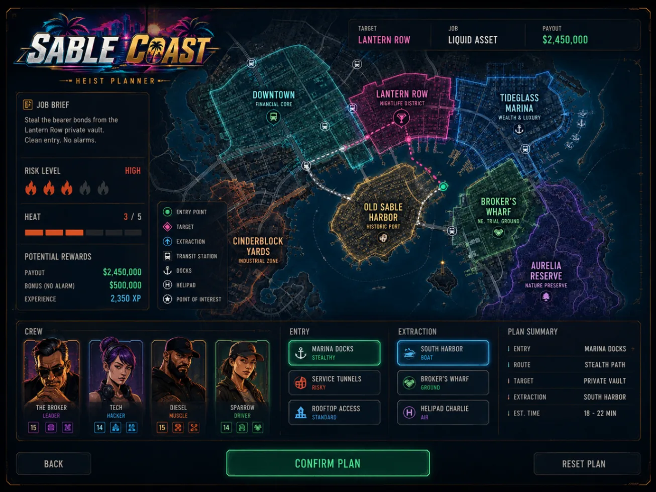 Heist planning board for the Aurelia Reserve with crew roles, floor plan and approach options
