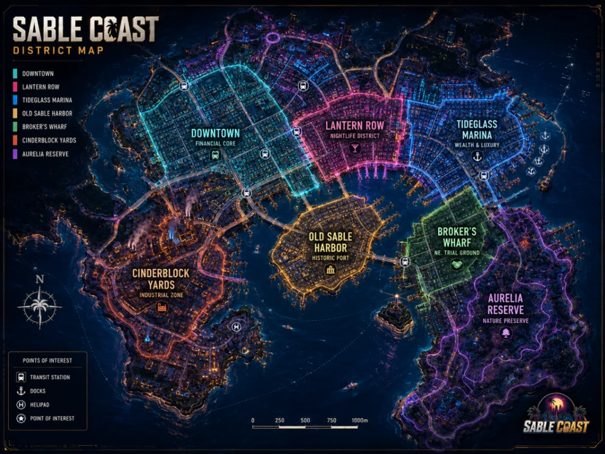 Sable Coast district map showing Downtown, Lantern Row, Tideglass Marina, Old Sable Harbor, Broker's Wharf, Cinderblock Yards and the Aurelia Reserve