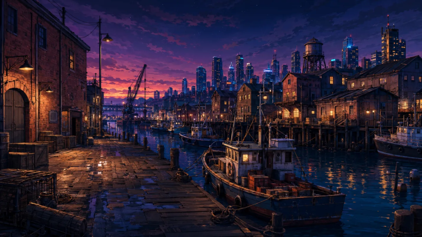 Sable Coast waterfront at dusk — fishing boats, warehouses and the downtown skyline