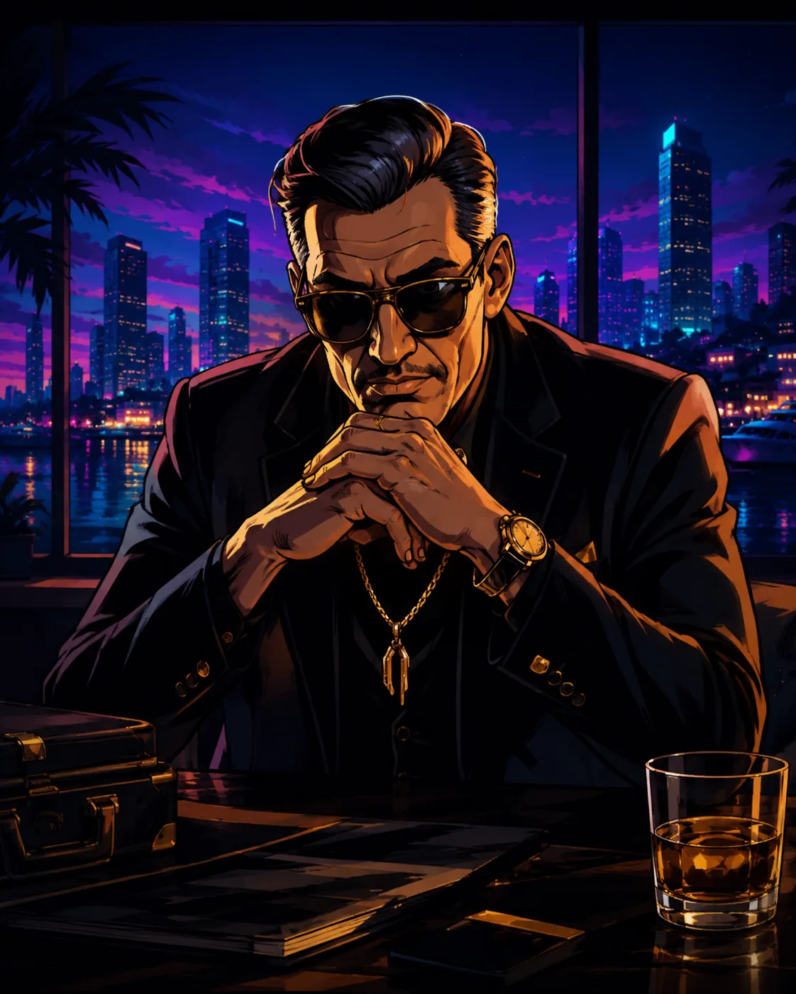 The Broker seated at a waterfront table in sunglasses, hands folded over a case file