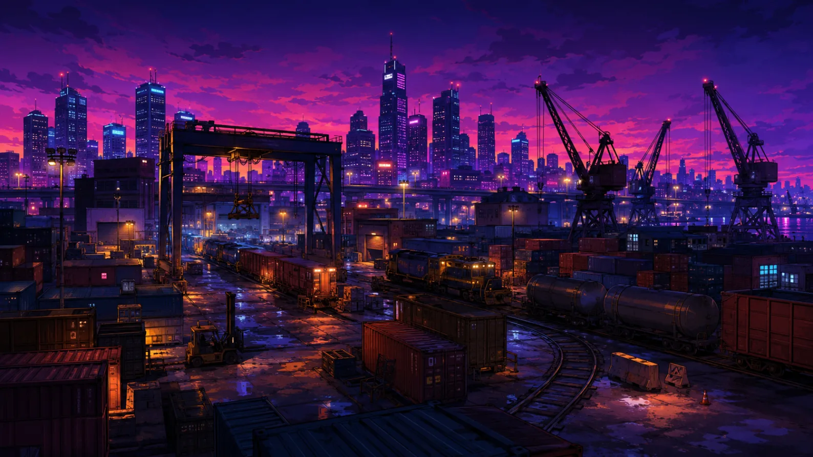 Cinderblock Yards freight terminal at dusk — cranes, containers and rail lines under a violet sky
