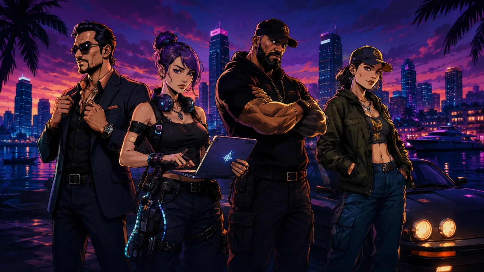 Four crew members — mastermind, hacker, enforcer and wheelman — on the waterfront at night