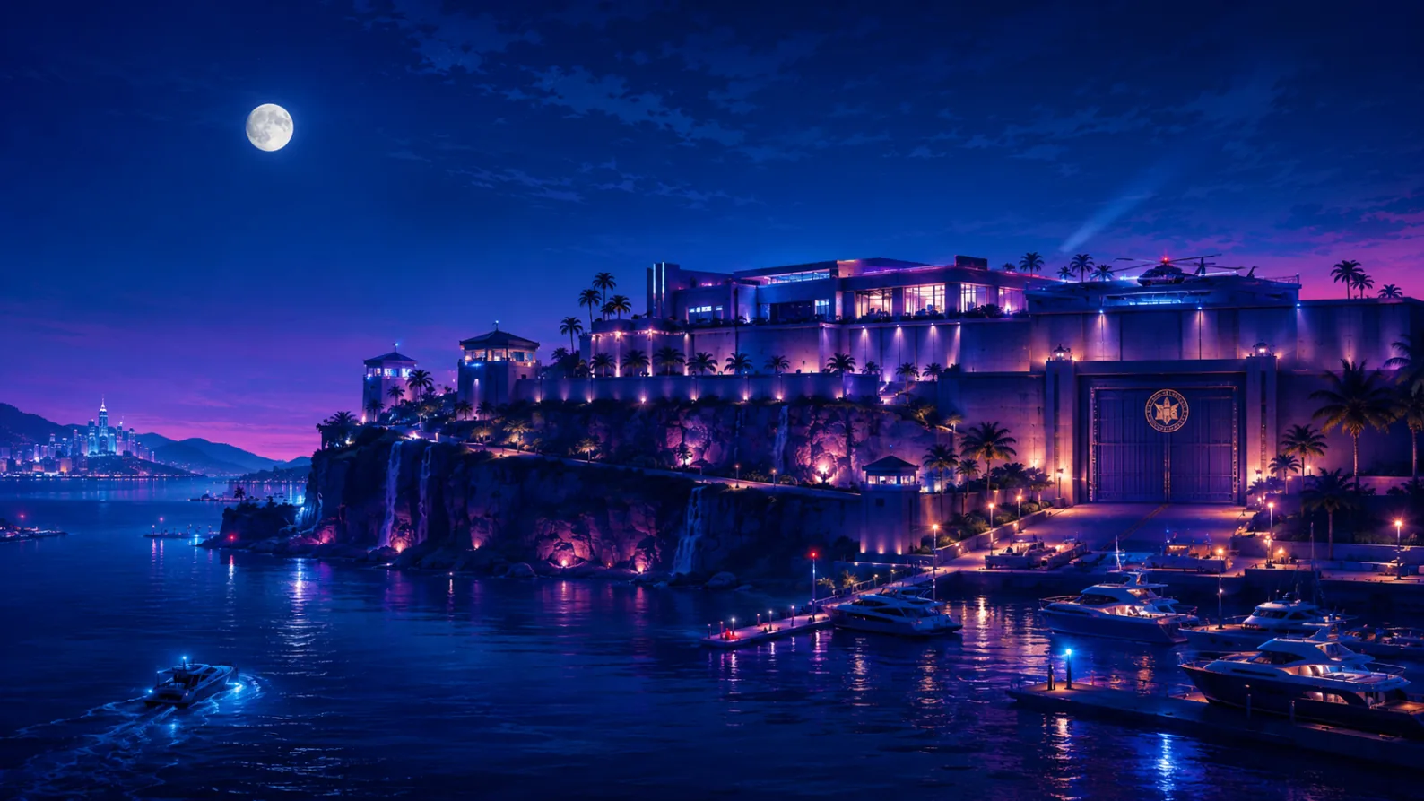 The Aurelia Reserve vault complex on the cliffs, sealed gate and guarded marina below