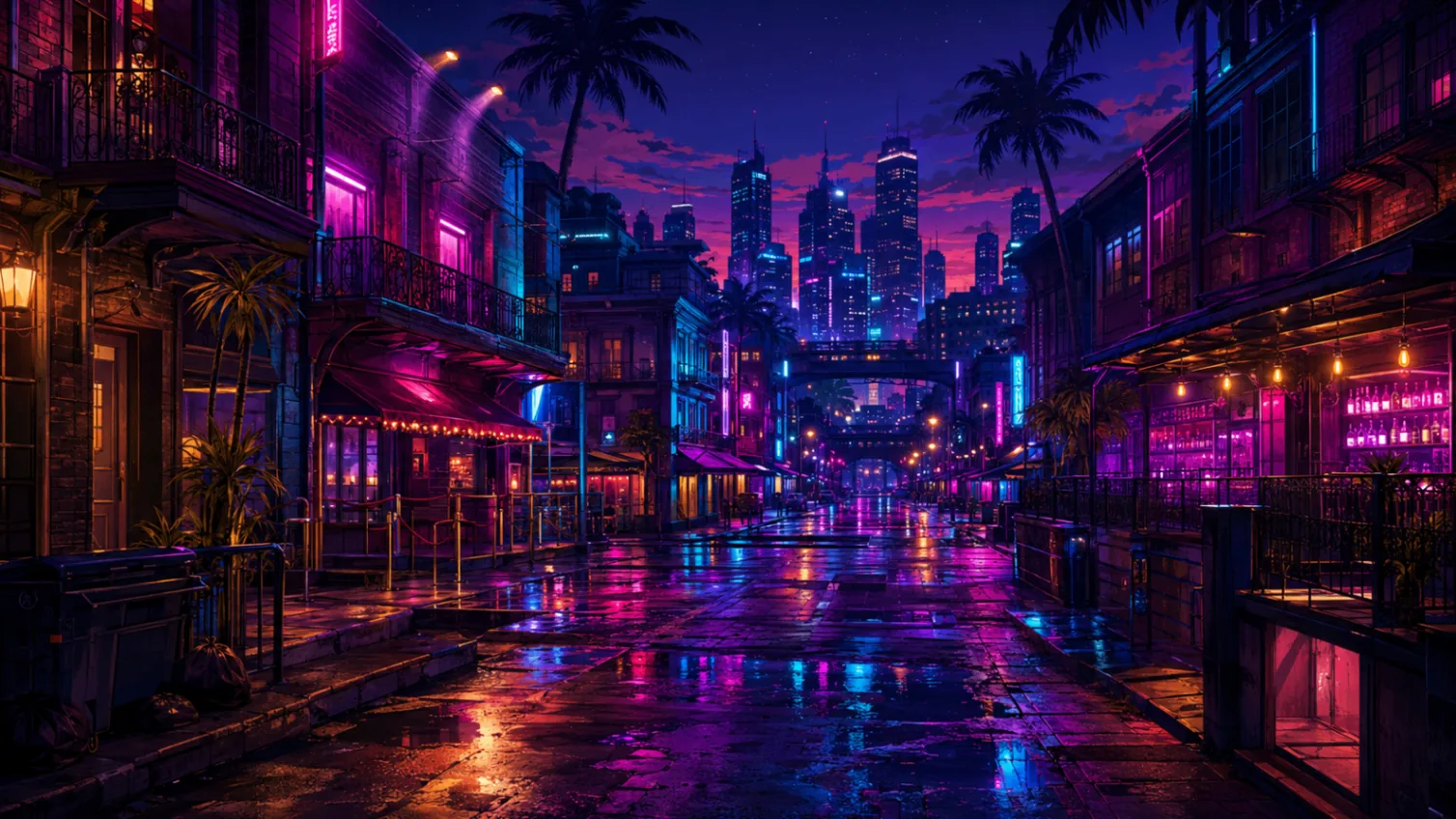 Rain-slick neon street in Lantern Row with balconies, bars and the skyline at the end of the road
