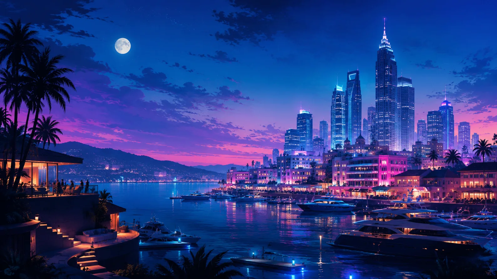 Sable Coast bay under a full moon — lit towers, waterfront promenade and moored yachts