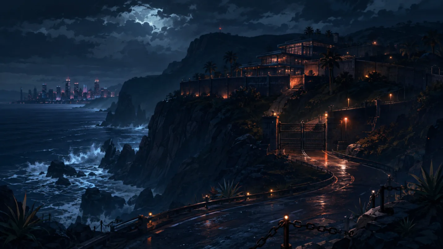 The Aurelia Reserve estate on moonlit coastal cliffs above the ocean