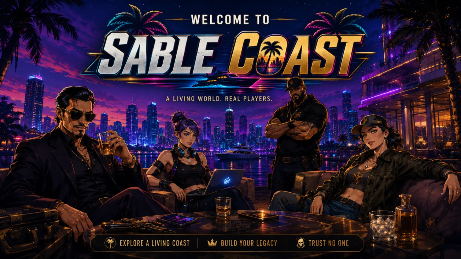 Welcome to Sable Coast — the crew at a waterfront lounge above the bay at dusk
