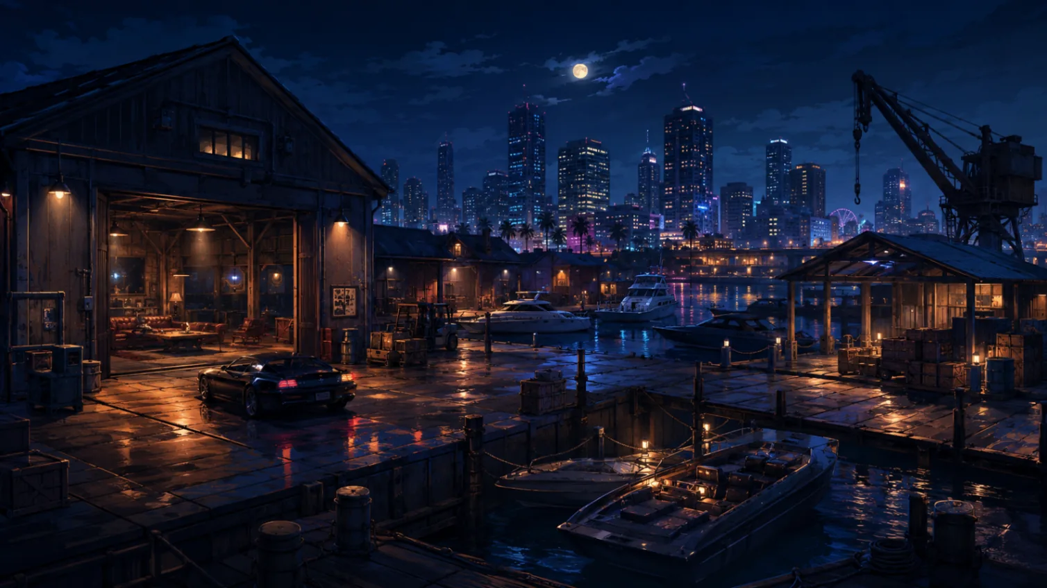 Moonlit docks with a boathouse, moored boats and the city skyline behind