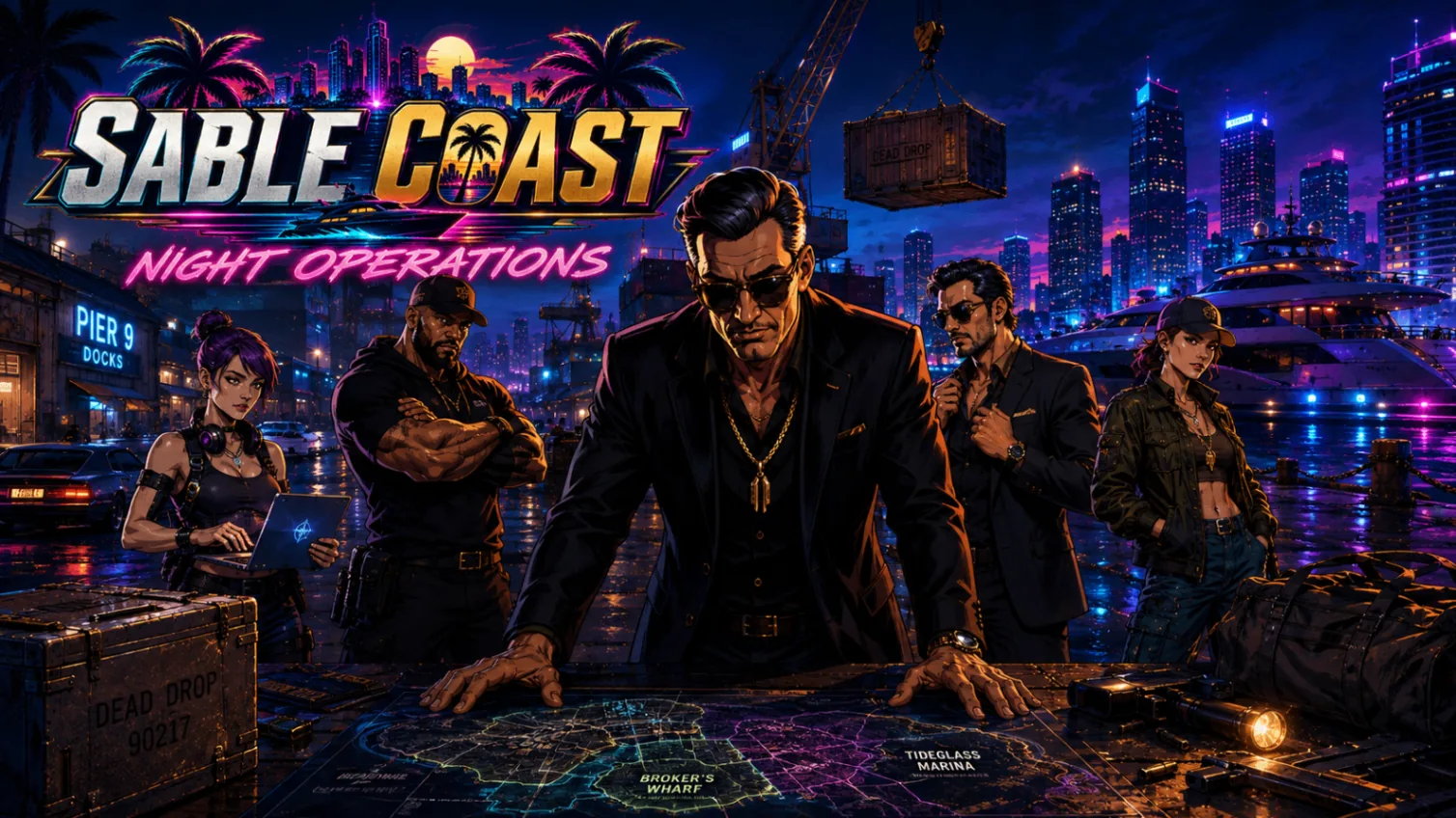 Night Operations key art — the crew around a lit city map at Pier 9 docks