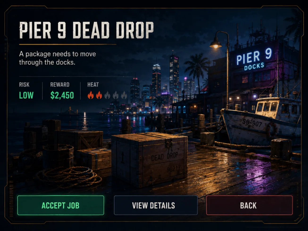 In-game job card for the Pier 9 Dead Drop showing risk, reward and heat