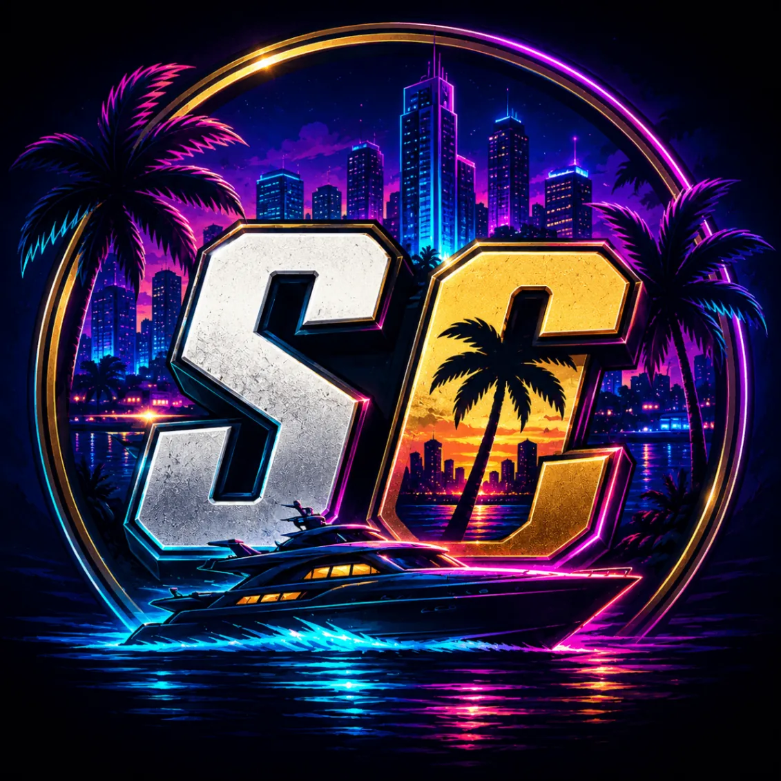 Sable Coast SC monogram emblem — chrome and gold letters, palm and yacht inside a neon ring