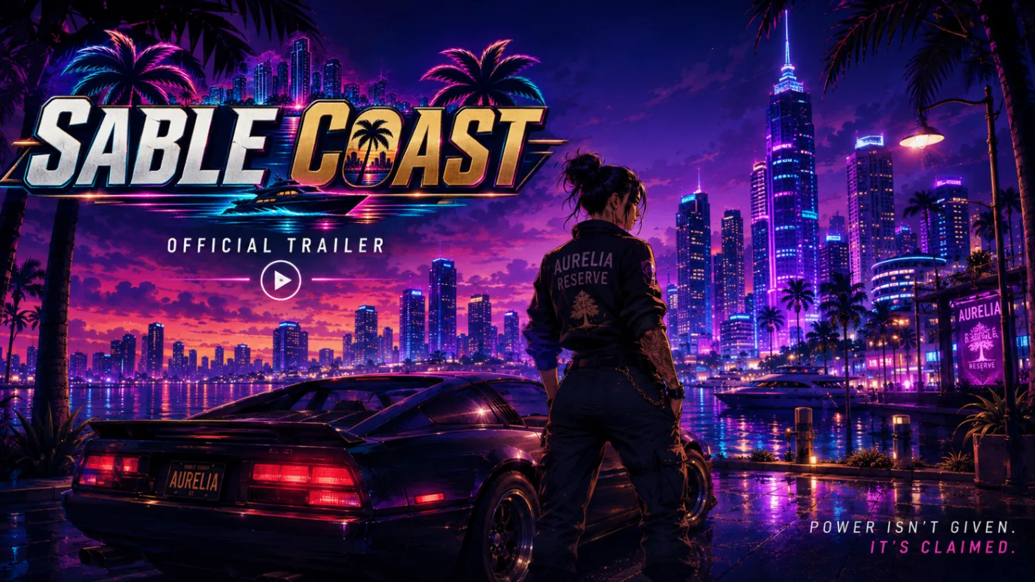 Official trailer key art — an Aurelia Reserve officer beside a sports car on the waterfront, skyline at sunset