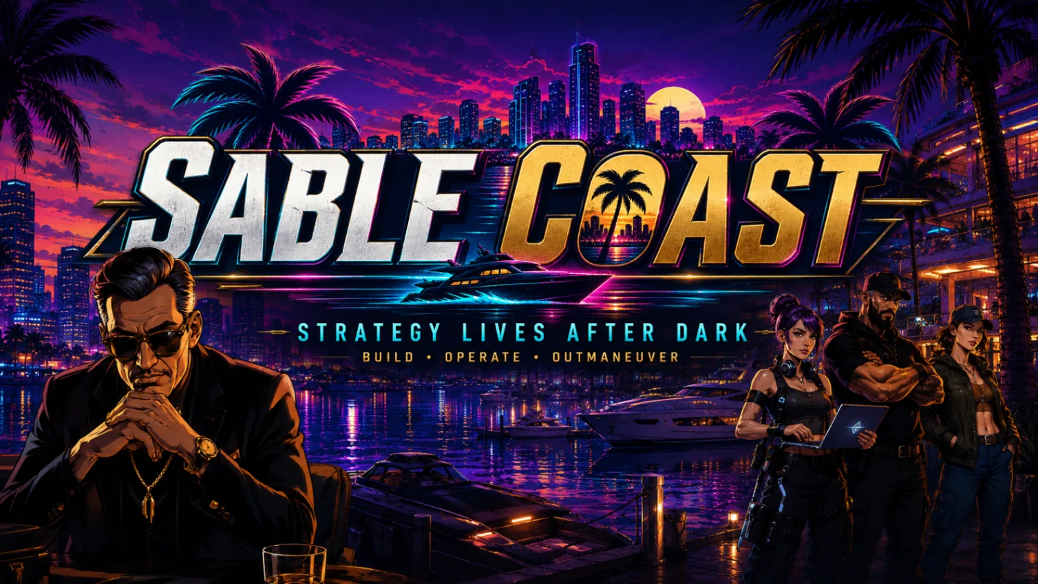 Strategy lives after dark — the Broker and crew on the marina under a neon sunset