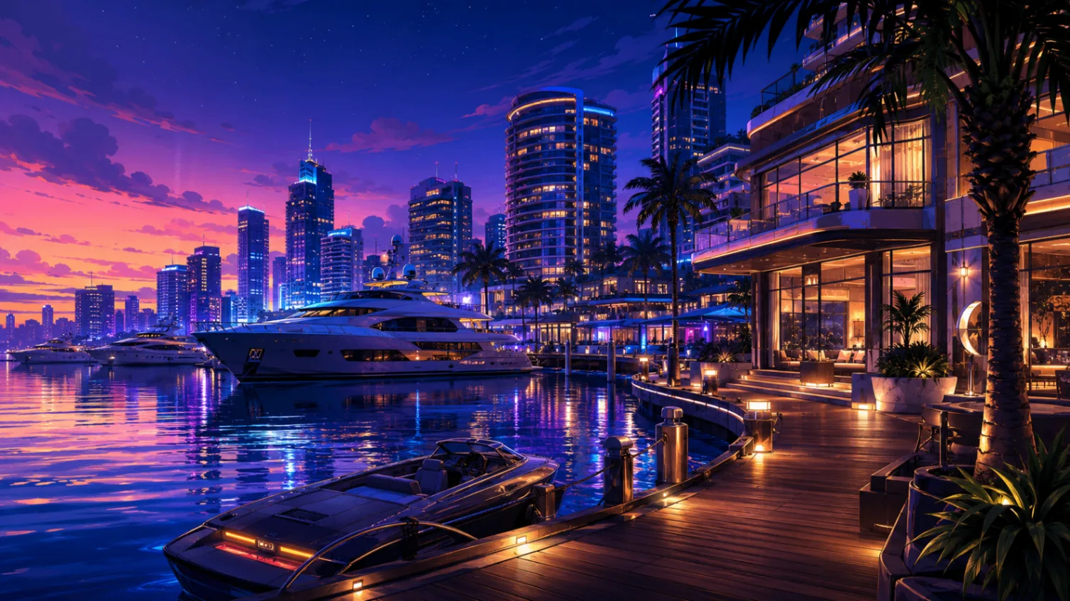 Tideglass Marina boardwalk at night with superyachts, palms and lit waterfront lounges
