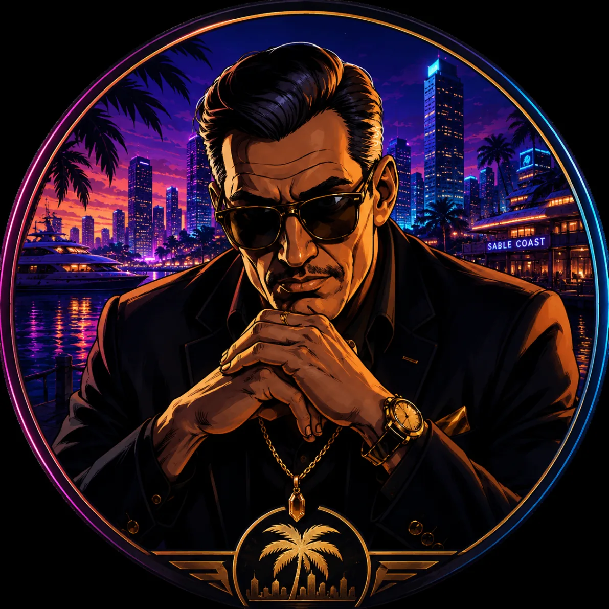 The Broker medallion portrait — hands folded, neon waterfront skyline inside a neon ring